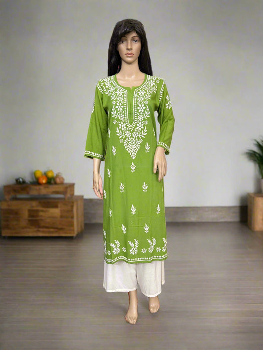 Lucknowi Chikankari Green Rayon Kurti-K50080