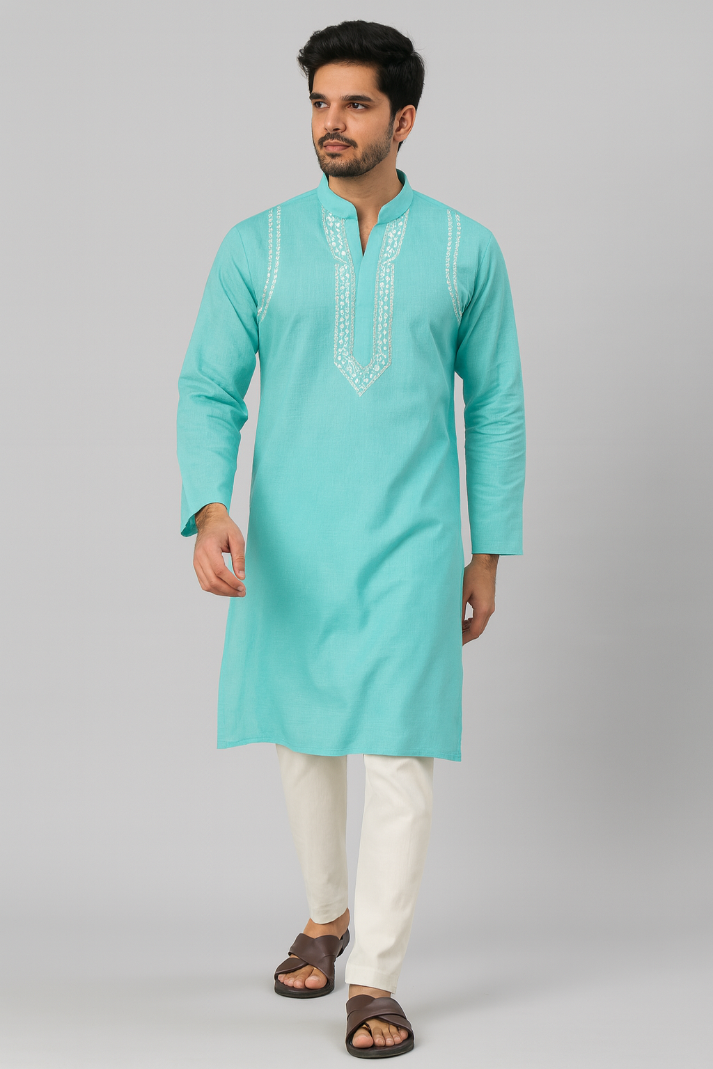 Lucknowi Chikankari Blue 'Aab-e-Asmaan' Cotton Gents Kurta-GK00023