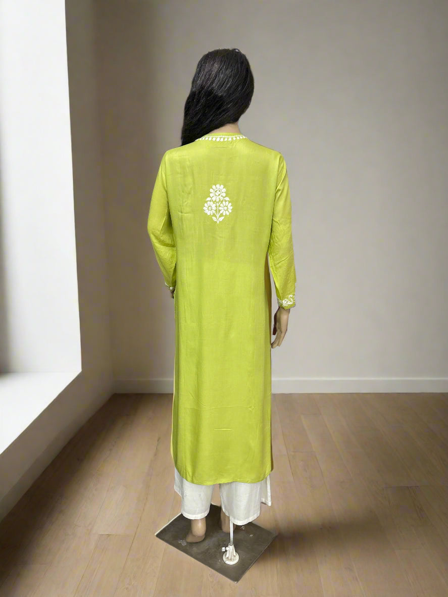 Lucknowi Chikankari Lime Green 'Bahar' Modal Kurti-K70012