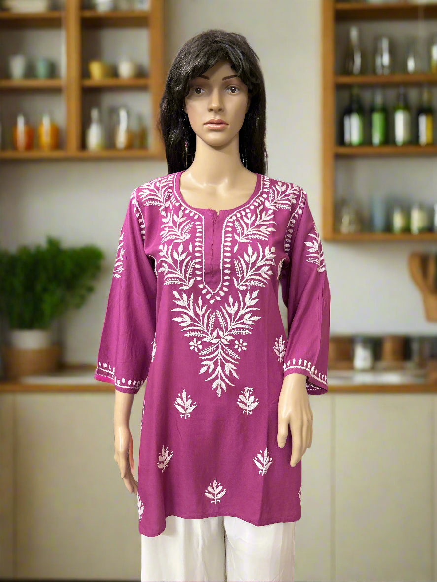 Lucknowi Chikankari Magenta Rayon Short Kurti-T50017