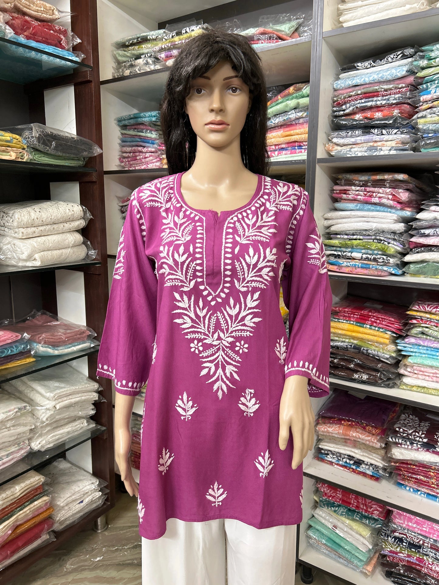 Lucknowi Chikankari Magenta 'Shagufta' Rayon Short Kurti-T50017