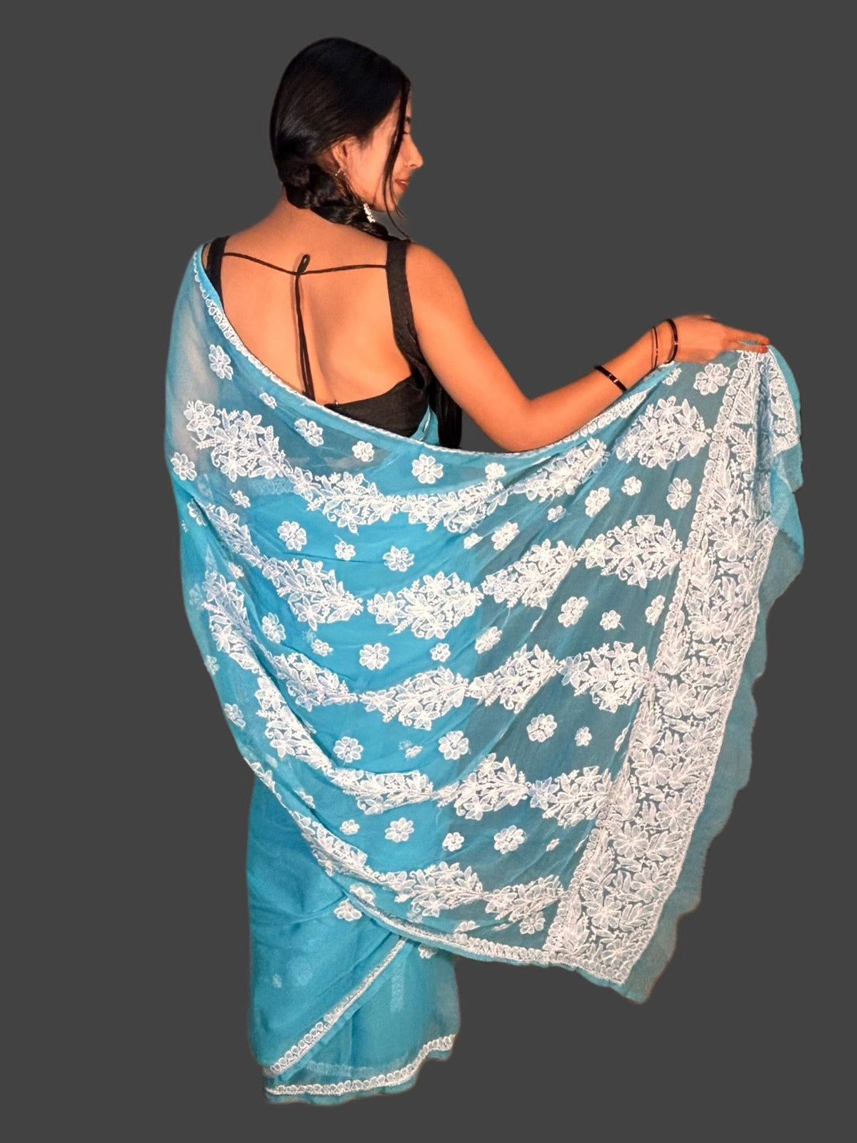 Lucknowi Chikankari Blue Georgette Saree (With Blouse)-S00012