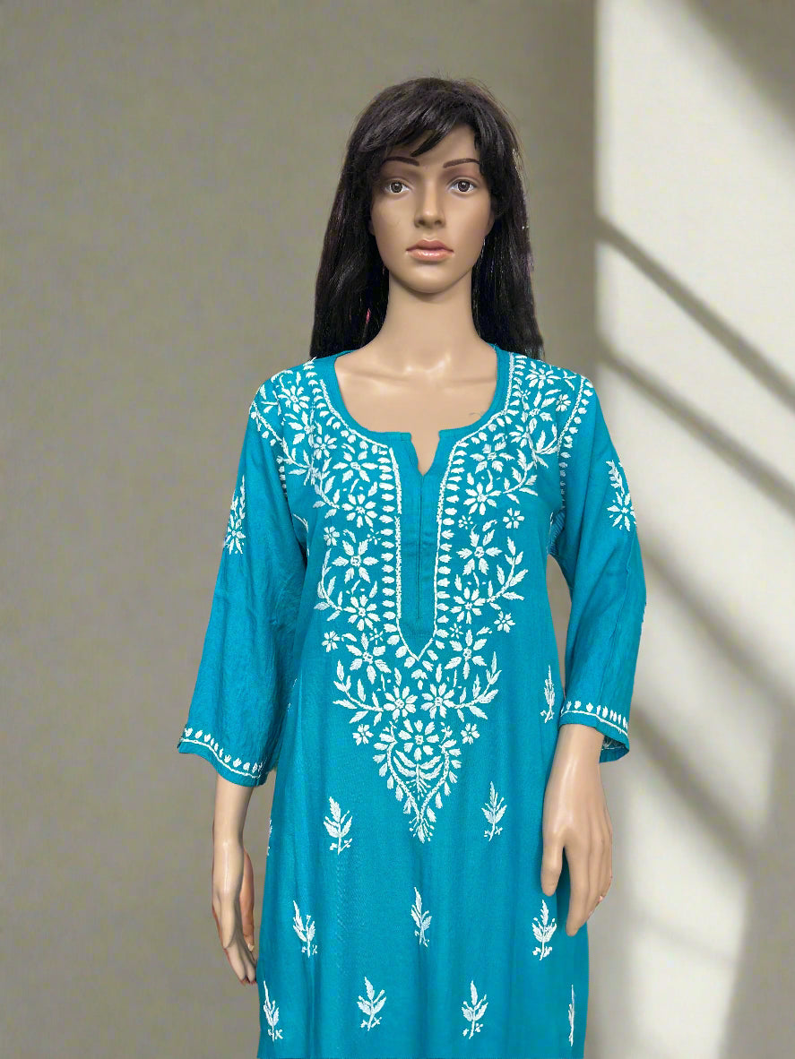 Lucknowi Chikankari Blue Rayon Kurti-K000154