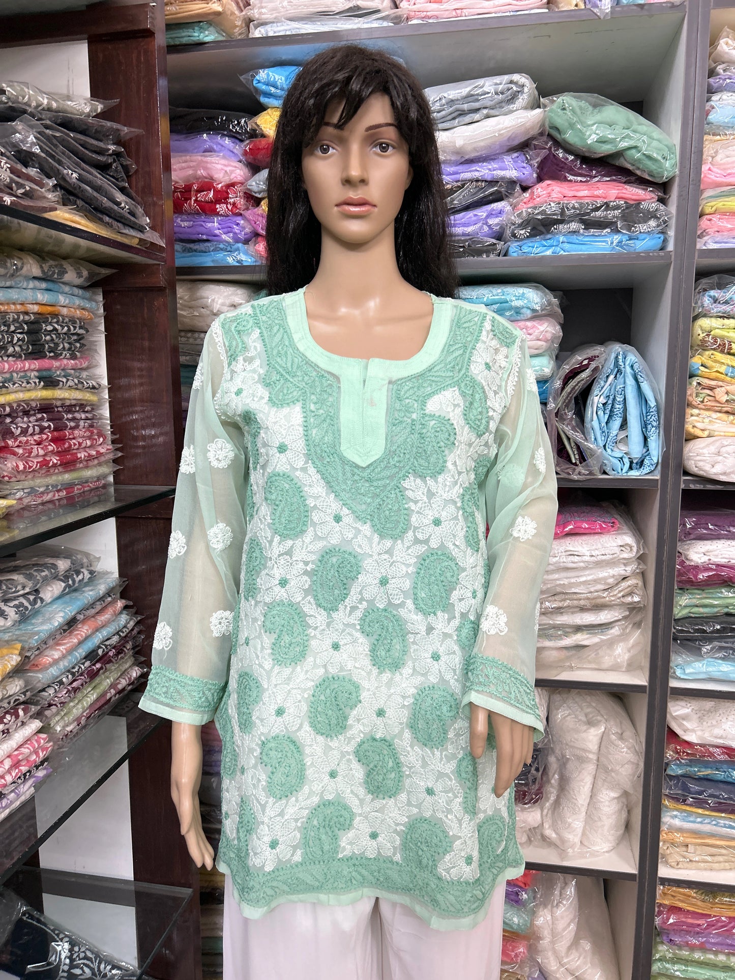 Lucknowi Chikankari Green 'Bahar' Georgette Short Kurti-T40001