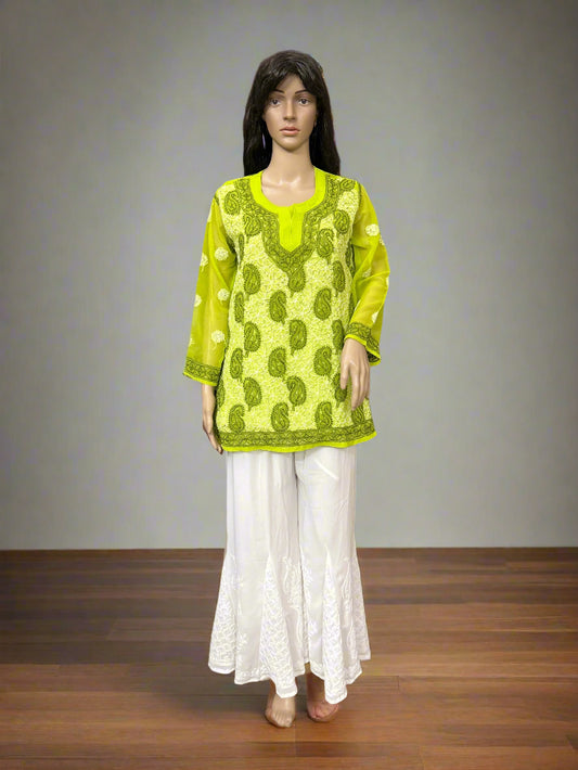 Lucknowi Chikankari Green Georgette Short Kurti-T50010