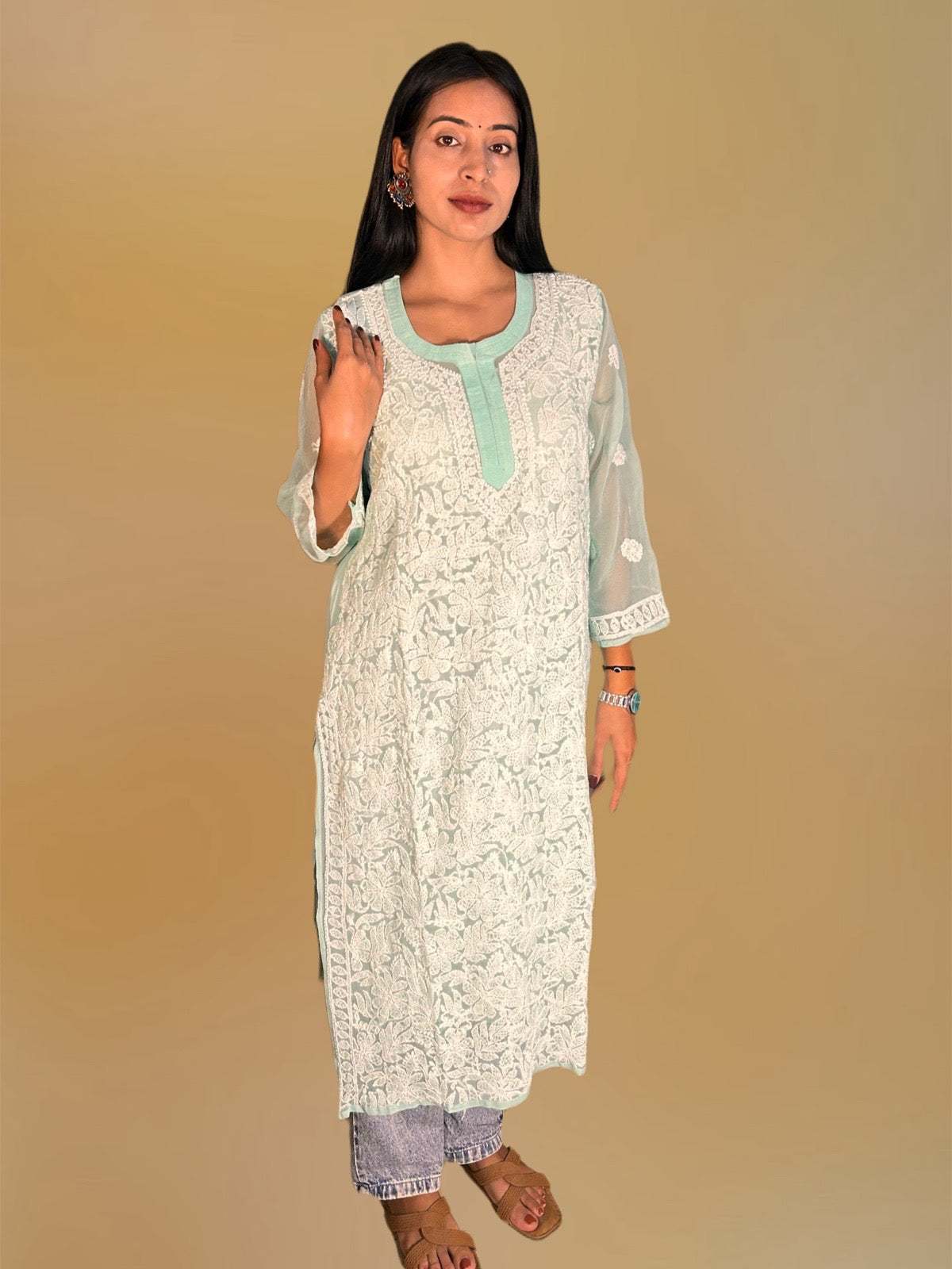 Lucknowi Chikankari Green Georgette Kurti-K000056