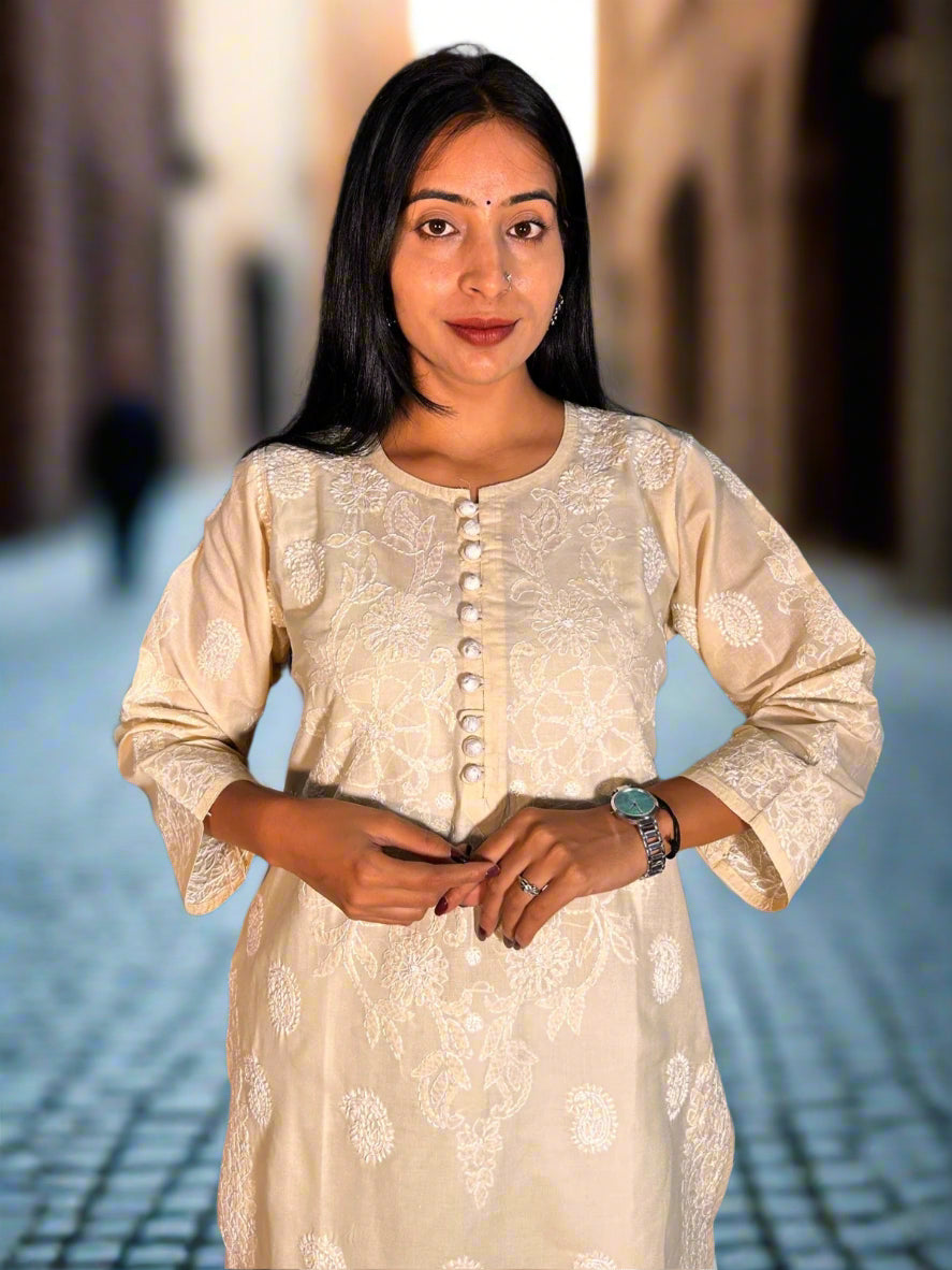 Lucknowi Chikankari Fawn 'Harnai Rang' Cotton Kurti-K40095