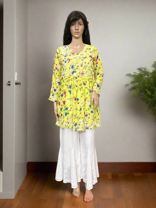 Lucknowi Chikankari Yellow Printed Georgette Angrakha Styled Short Kurti-T50009