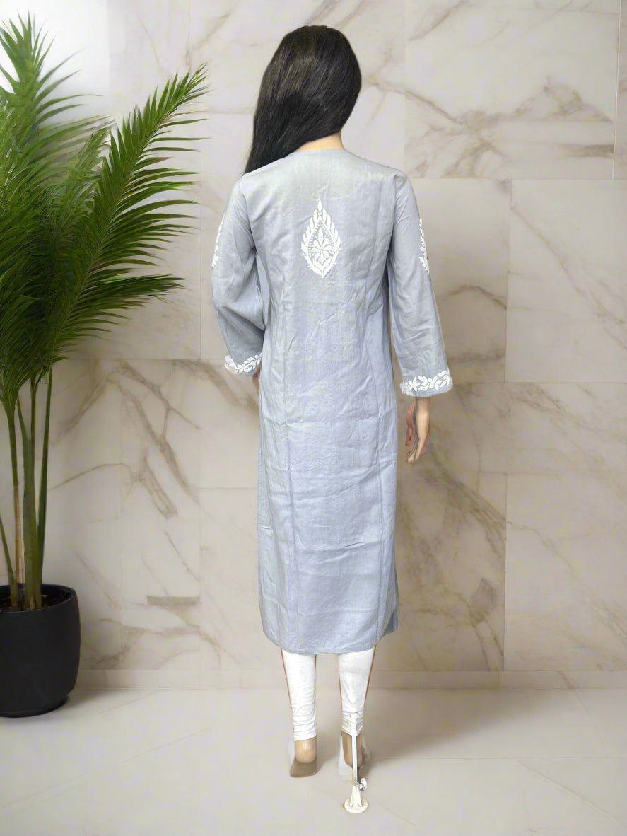 Lucknowi Chikankari Grey Cotton Kurti-K000104