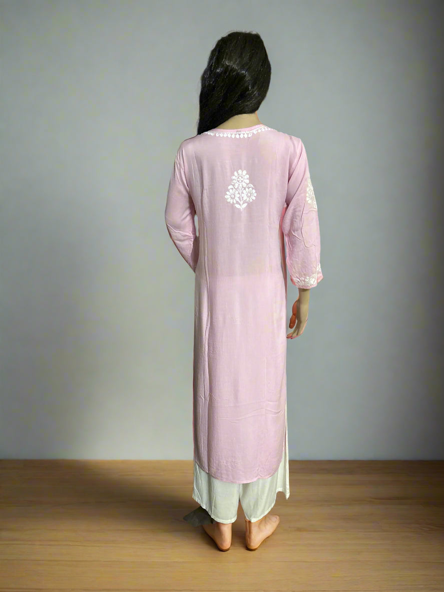 Lucknowi Chikankari Pink Modal Kurti-K50079