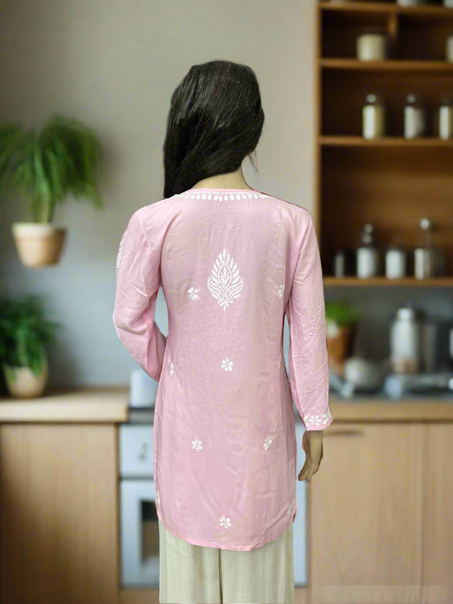 Lucknowi Chikankari Pink Modal Short Kurti-T000050