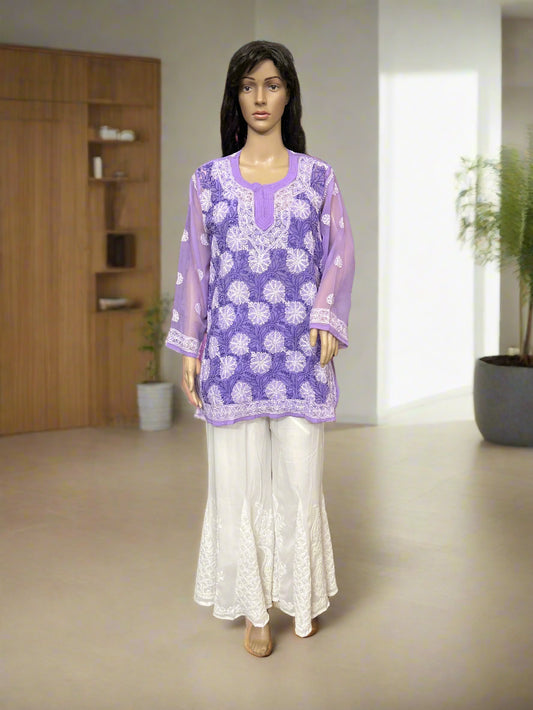 Lucknowi Chikankari Purple Georgette Short Kurti-T60001