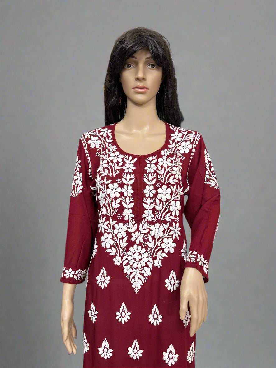 Lucknowi Chikankari Maroon 'Shafaq' Modal Kurti-K40094