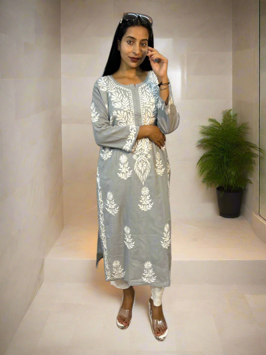 Lucknowi Chikankari Grey Cotton Kurti-K000104