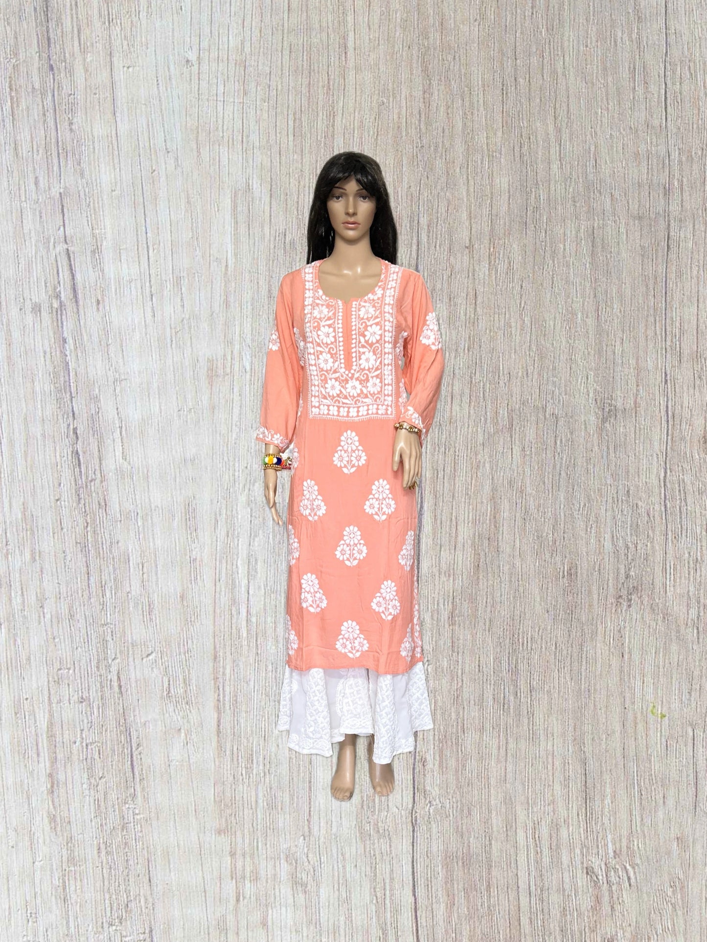 Lucknowi Chikankari Pinkish Orange Modal Kurti-K000100