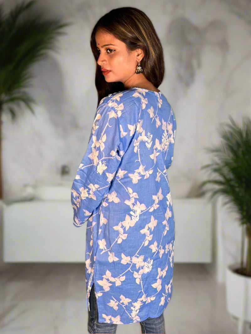 Lucknowi Chikankari Blue Printed Cotton Short Kurti-T000016