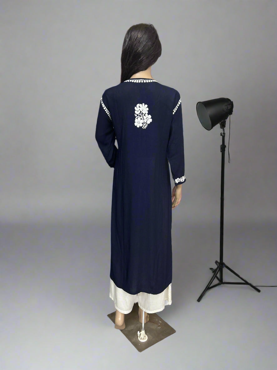 Lucknowi Chikankari Navy Blue Modal Kurti-K000150