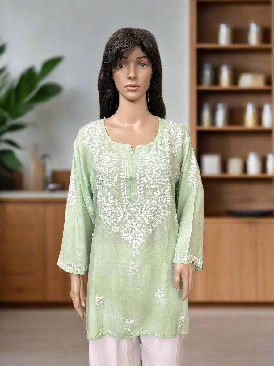 Lucknowi Chikankari Green Rayon Short Kurti-T70001