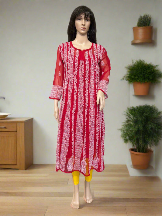 Lucknowi Chikankari Red Georgette Anarkali-K000027