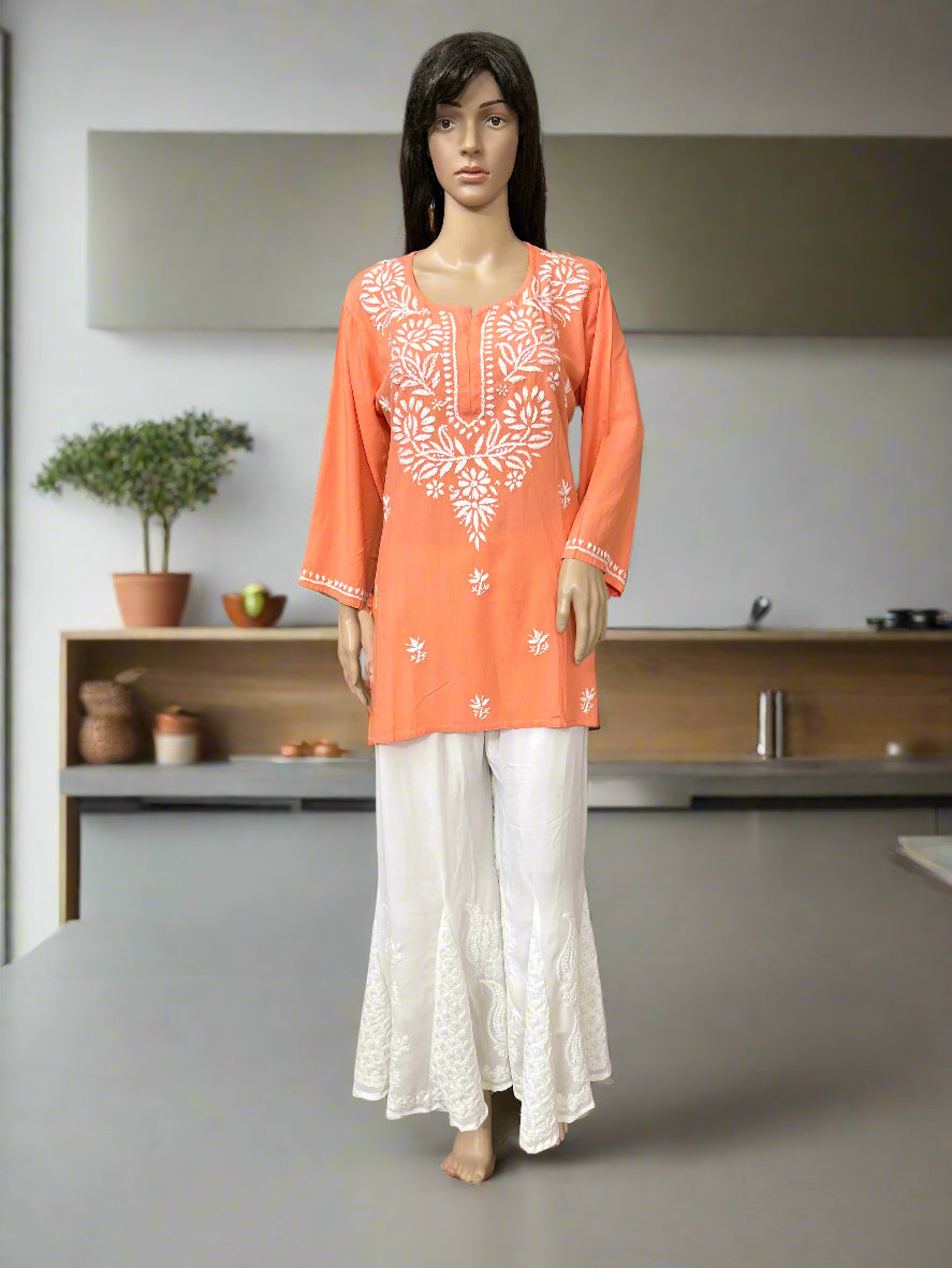 Lucknowi Chikankari Peach Rayon Short Kurti-T000075