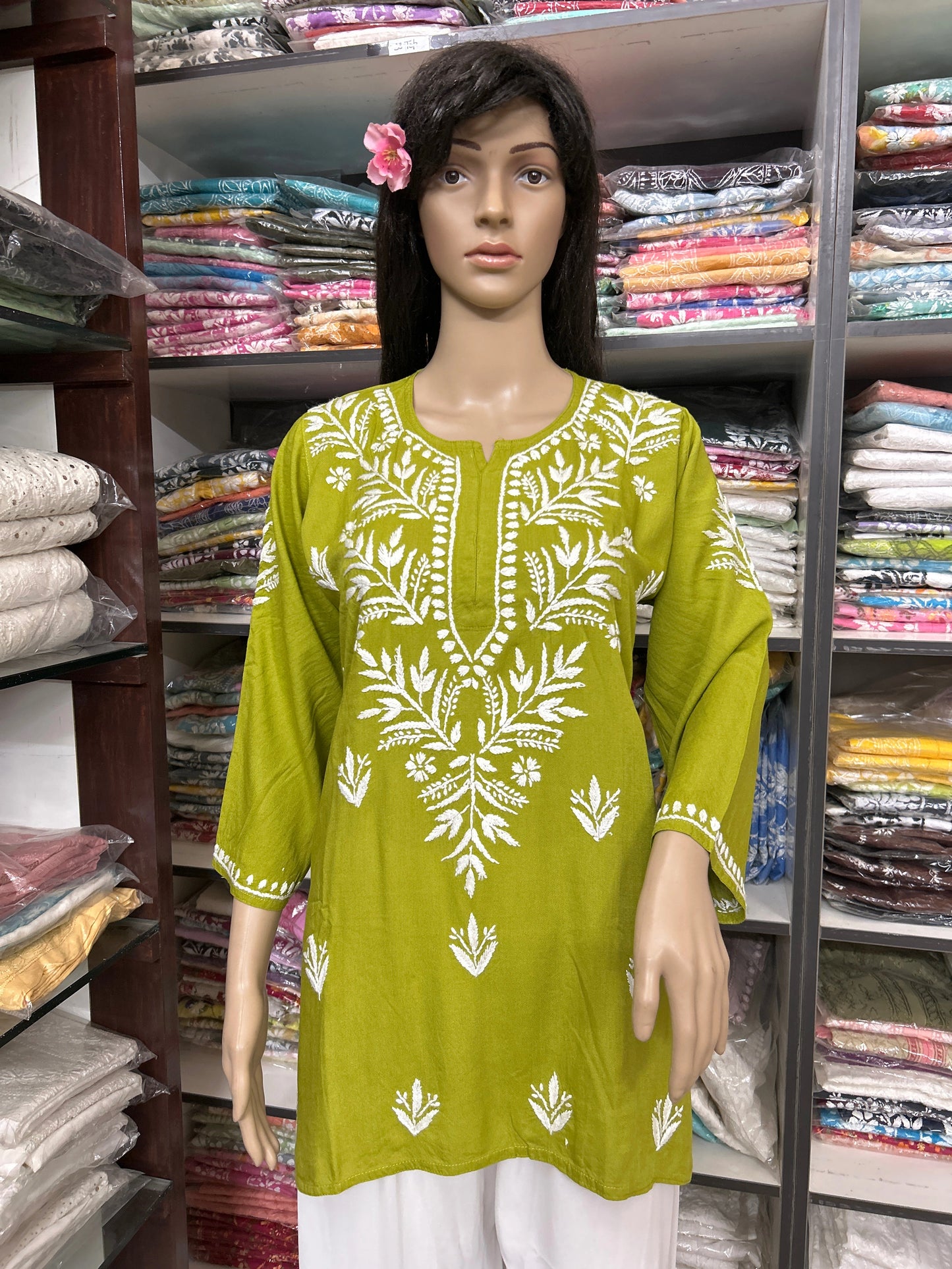Lucknowi Chikankari Green 'Bahar' Rayon Short Kurti-T000060