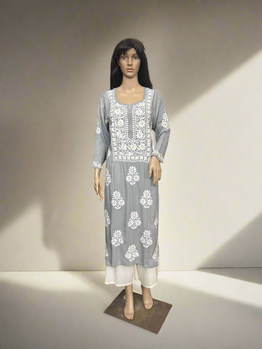Lucknowi Chikankari Grey 'Dhoondhla' Modal Kurti-K60060