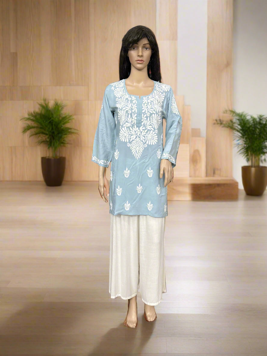 Lucknowi Chikankari Grey Modal Short Kurti-T000049