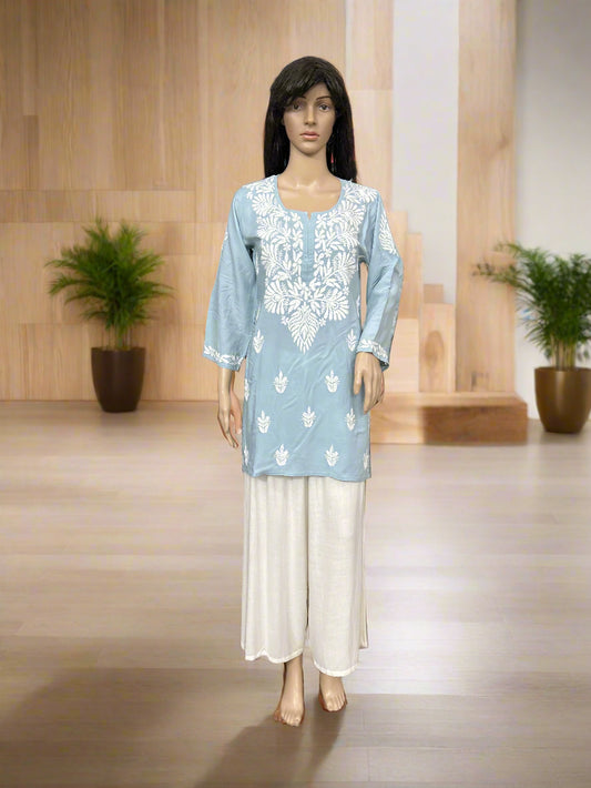 Lucknowi Chikankari Grey Modal Short Kurti-T000049
