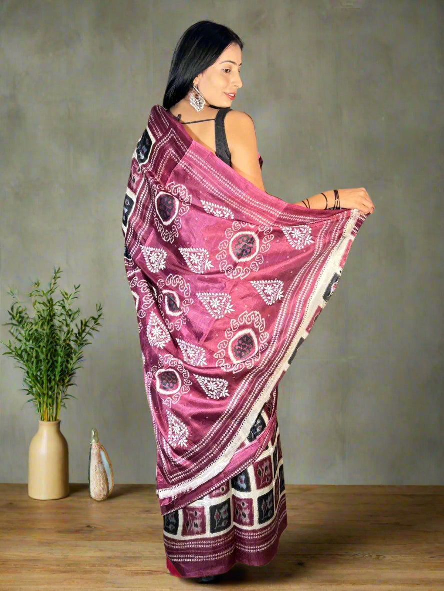 Lucknowi Chikankari Wine Printed Faux Silk Saree-PF100003