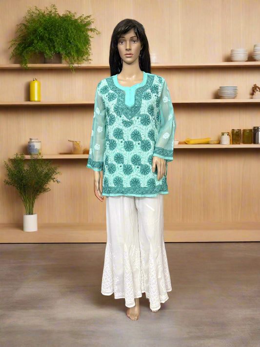 Lucknowi Chikankari Green 'Bahar' Georgette Short Kurti-T40023