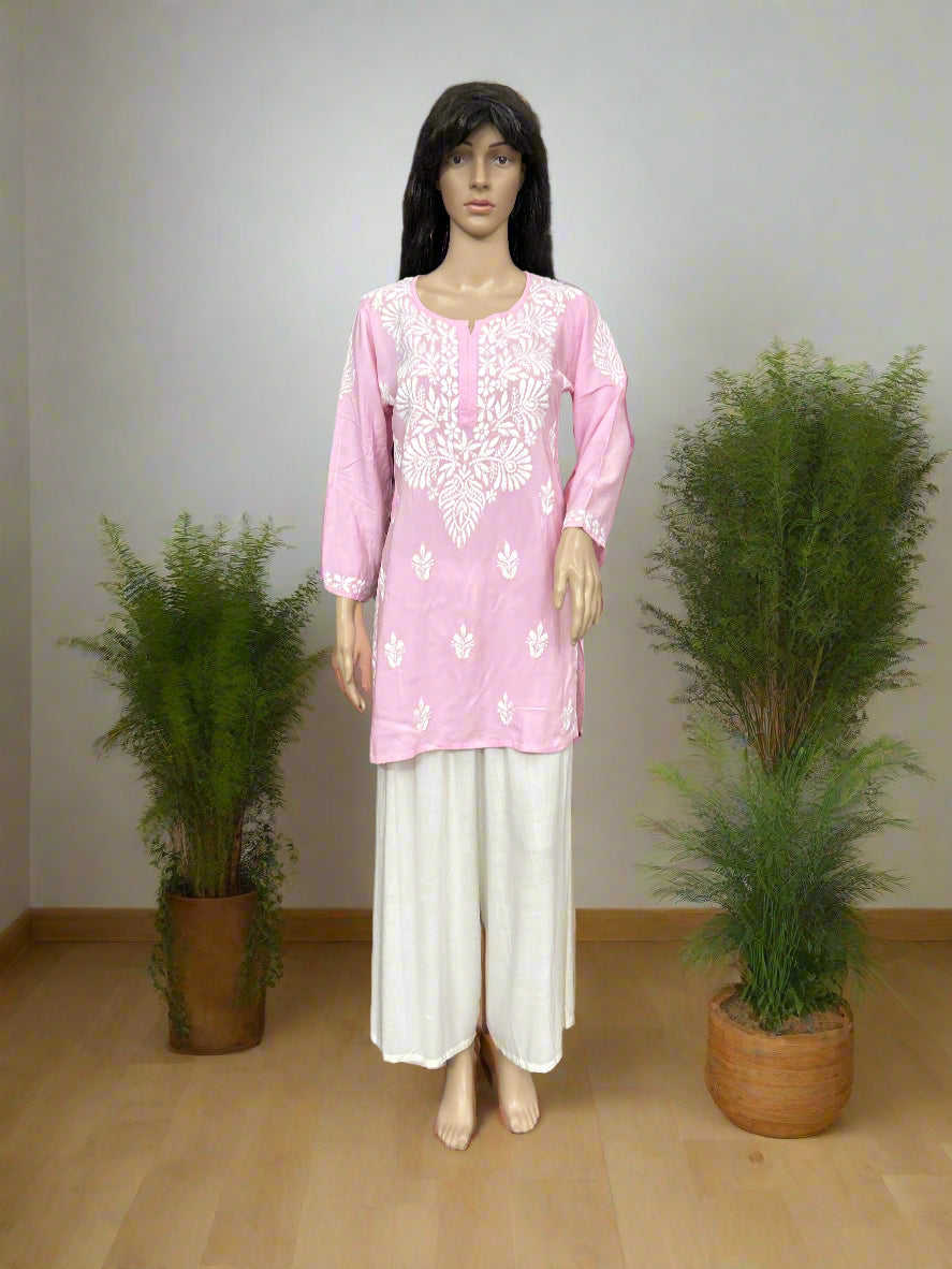 Lucknowi Chikankari Pink Modal Short Kurti-T000050