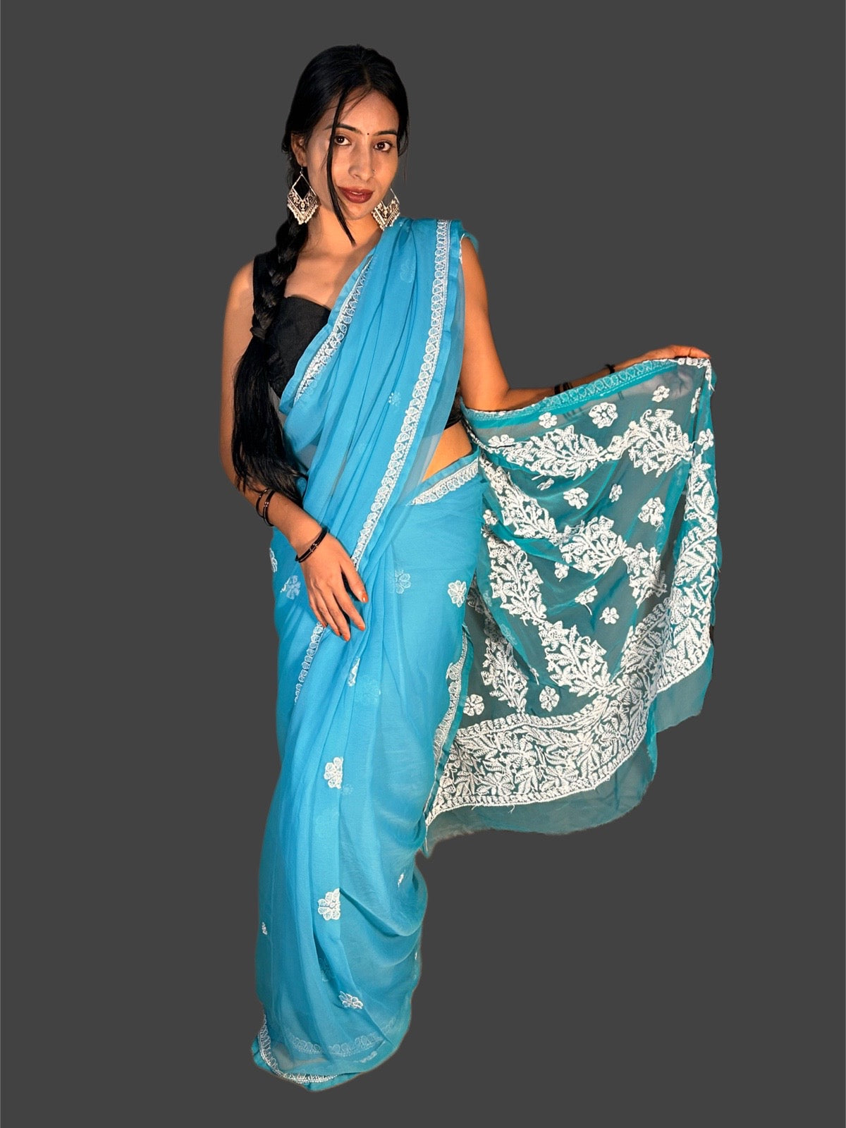 Lucknowi Chikankari Blue Georgette Saree (With Blouse)-S00012