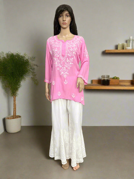 Lucknowi Chikankari Pink Rayon Short Kurti-T000067