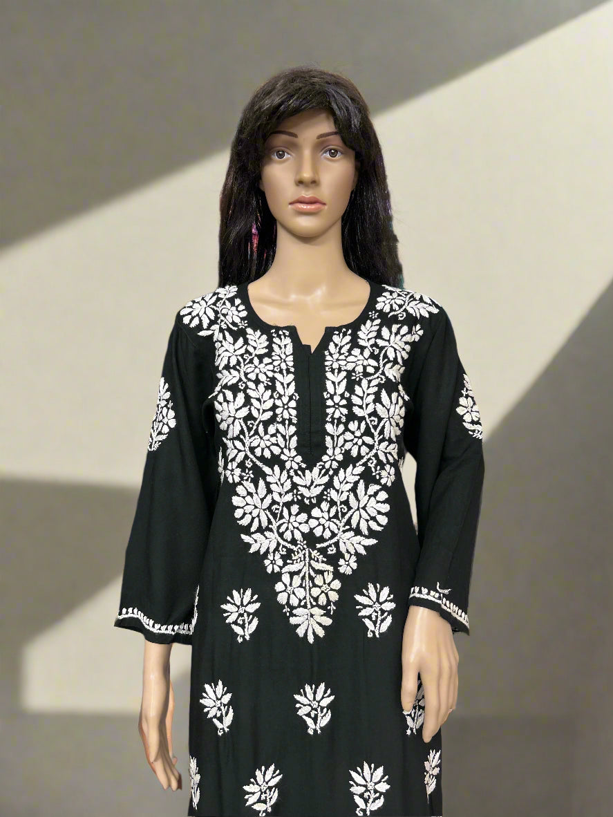 Lucknowi Chikankari Black Rayon Kurti-K000157