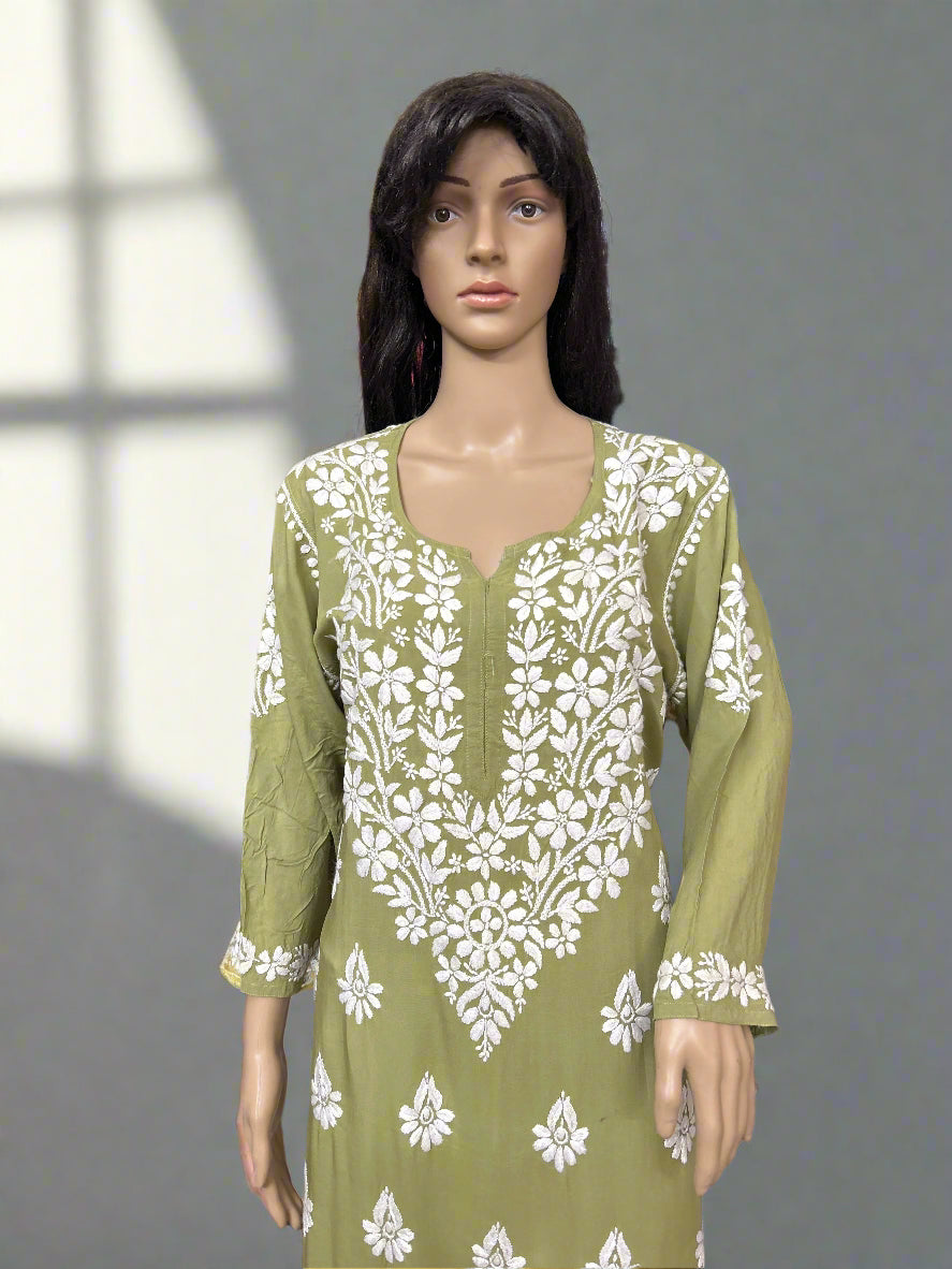 Lucknowi Chikankari Green Modal Kurti-K000141