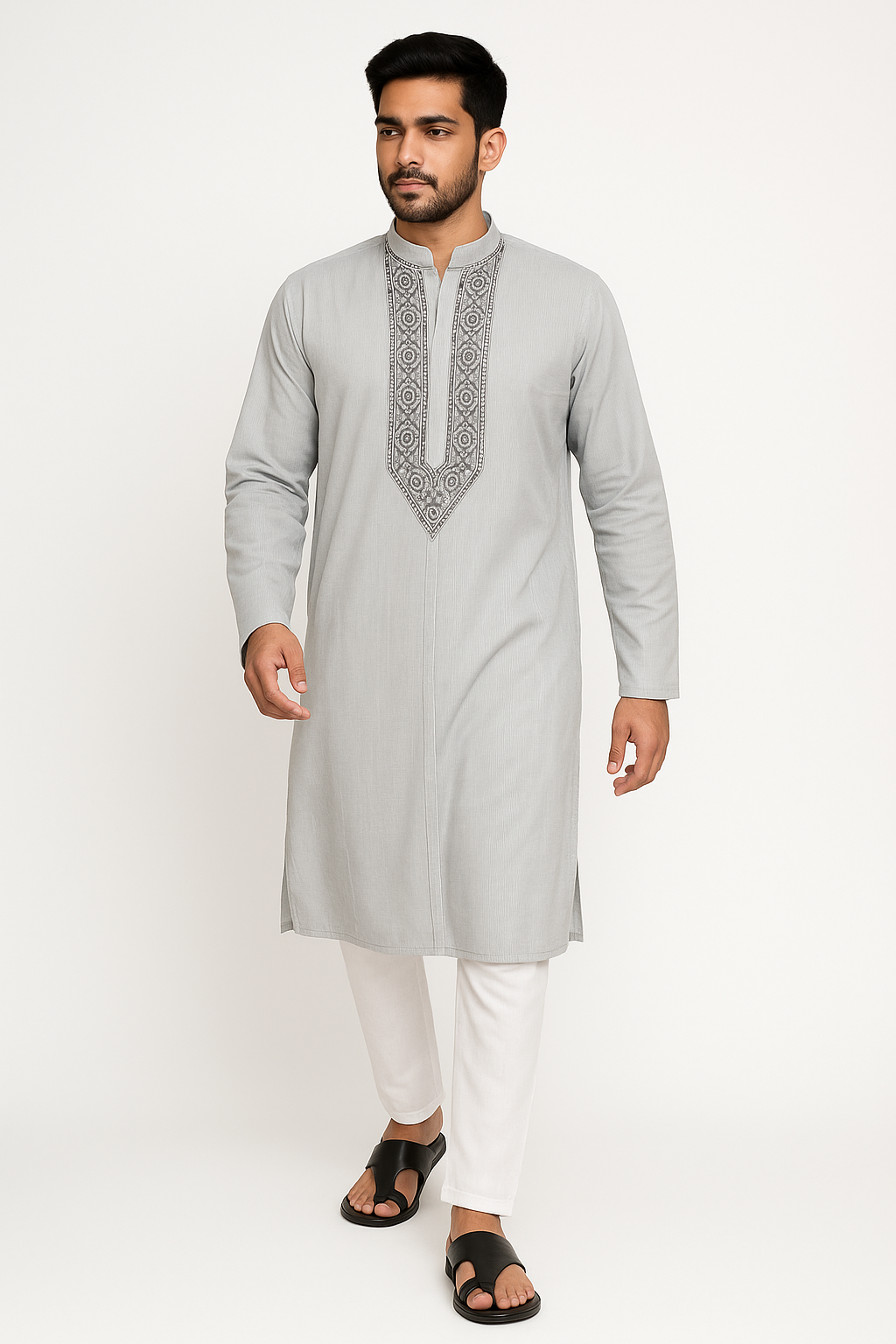 Lucknowi Chikankari Striped Off-White 'Ujaala' Rayon Gents Kurta-GK00020