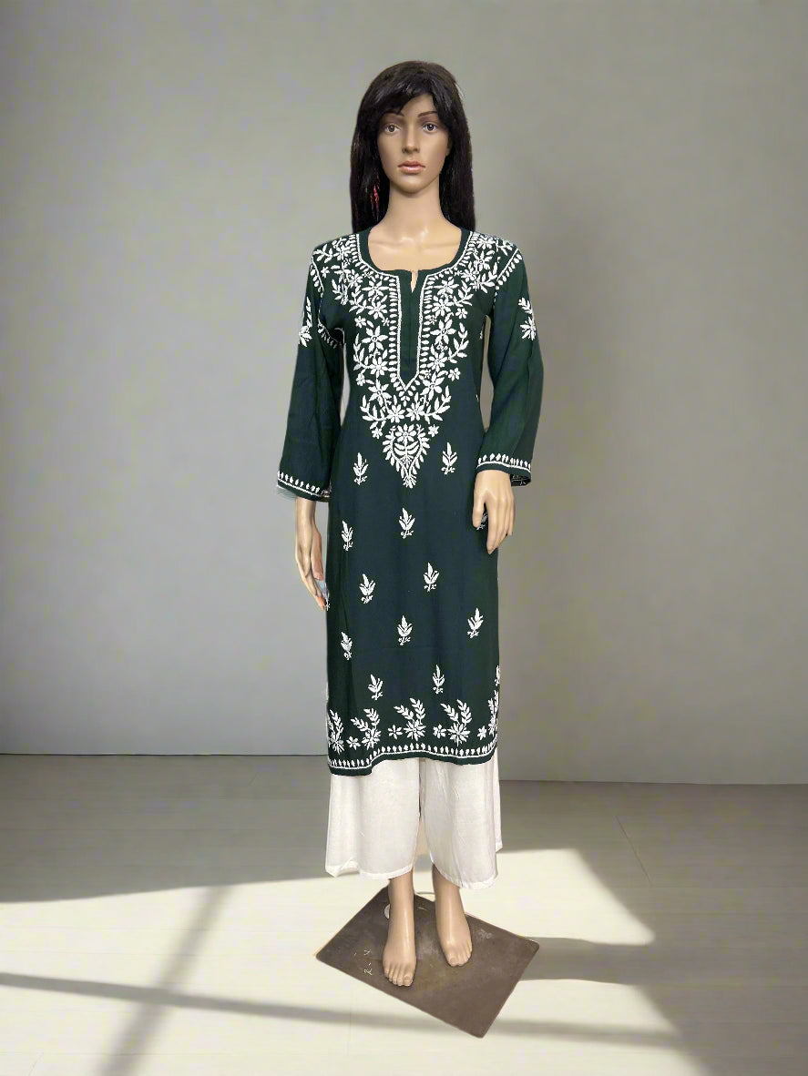 Lucknowi Chikankari Green Rayon Kurti-K000153