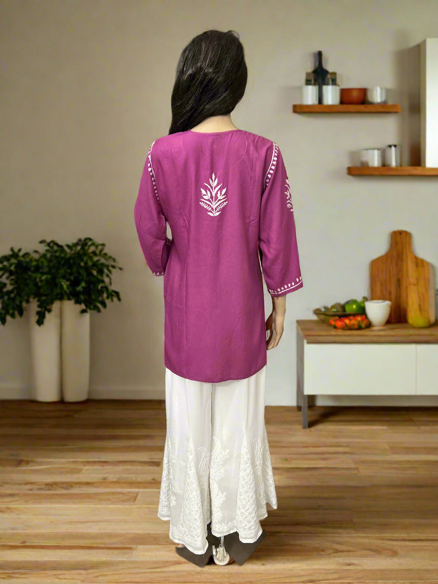 Lucknowi Chikankari Magenta Rayon Short Kurti-T50017