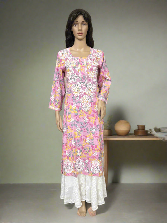 Lucknowi Chikankari Pink Printed Cotton Kurti-K000180
