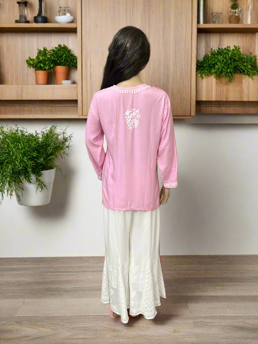 Lucknowi Chikankari Pink Rayon Short Kurti-T000074