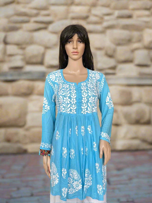 Lucknowi Chikankari Blue Modal Short Kurti-T000034