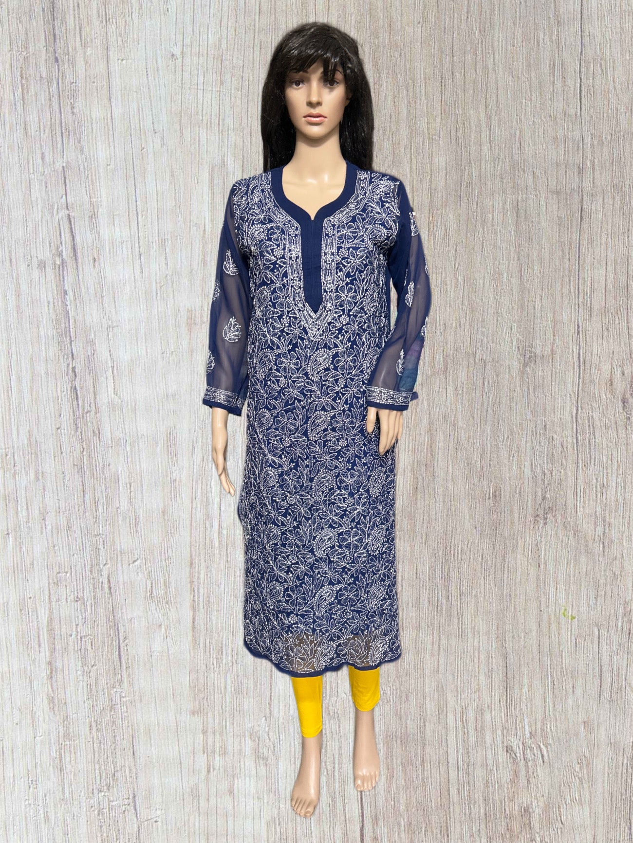 Lucknowi Chikankari Navy Blue 'Aab-e-Asmaan' Georgette Kurti-K000035