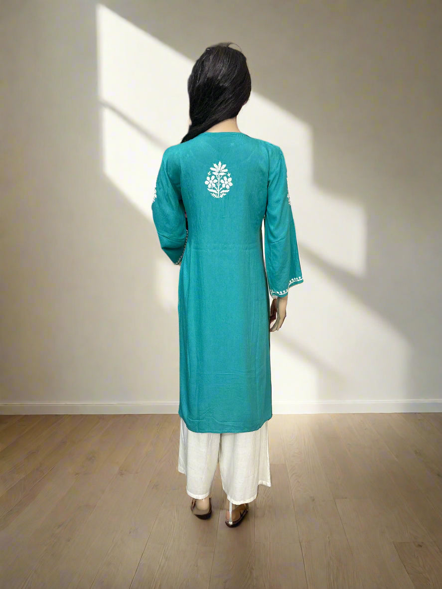 Lucknowi Chikankari Green Rayon Kurti-K000165