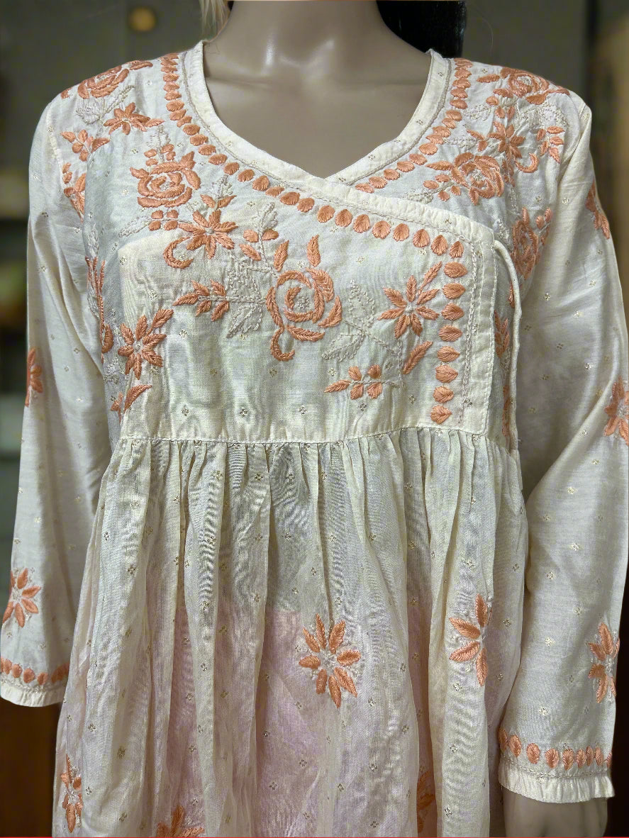 Lucknowi Chikankari Fawn Chanderi Angrakha Styled Short Kurti-T50020