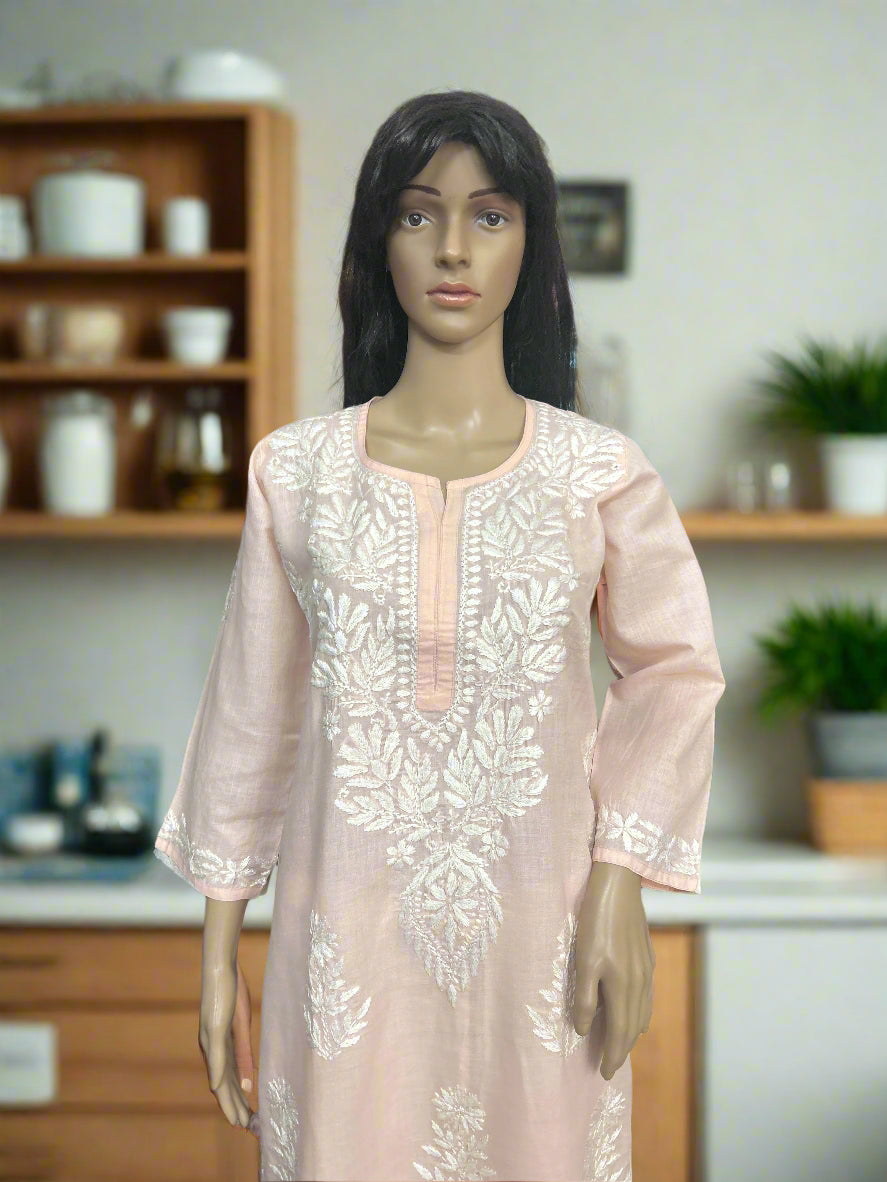 Lucknowi Chikankari Peach Cotton Kurti-K000134