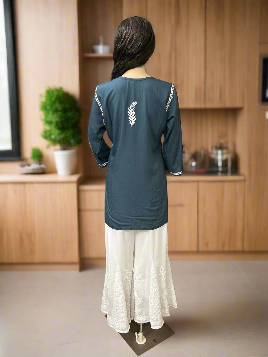 Lucknowi Chikankari Grey Rayon Short Kurti-T000081