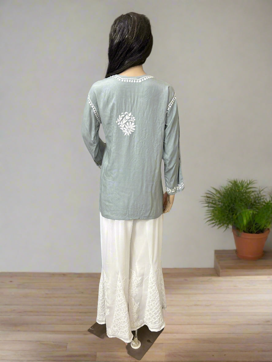 Lucknowi Chikankari Grey Rayon Short Kurti-T50018