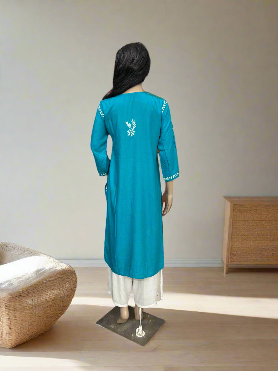 Lucknowi Chikankari Blue Rayon Kurti-K000154