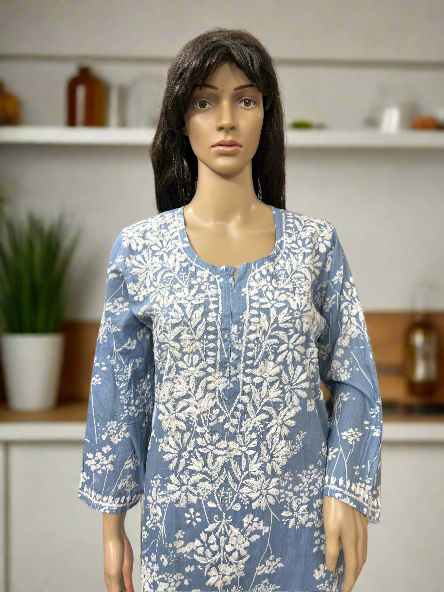 Lucknowi Chikankari Grey Printed Cotton Kurti-K000181