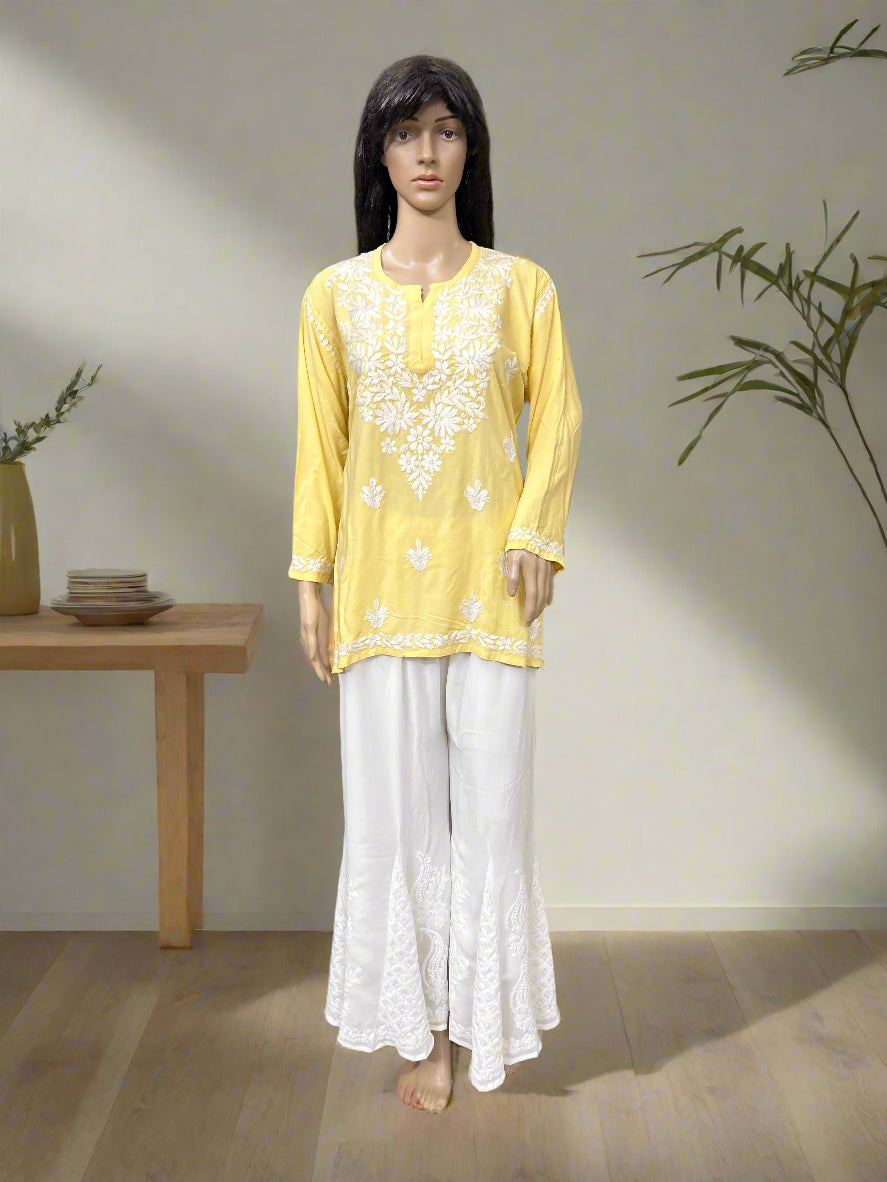 Lucknowi Chikankari Yellow Rayon Short Kurti-T000077